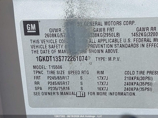 Auction sale of the 2007 Gmc Envoy, vin: 1GKDT13S772261074, lot number: 12637383