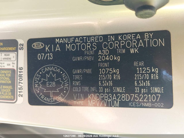 12637398 :رقم المزاد ، KNDPB3A28D7522107 vin ، 2013 Kia Sportage Lx مزاد بيع