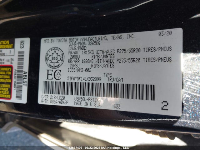 Продажа на аукционе авто 2020 Toyota Tundra Crewmax 1794/crewmax Platinum, vin: 5TFAY5F14LX932899, номер лота: 12637406