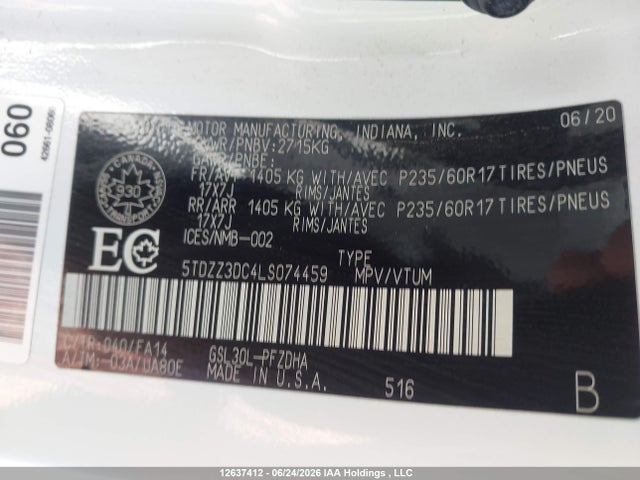 12637412 :رقم المزاد ، 5TDZZ3DC4LS074459 vin ، 2020 Toyota Sienna L مزاد بيع