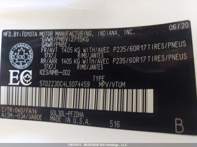 12637412 :رقم المزاد ، 5TDZZ3DC4LS074459 vin ، 2020 Toyota Sienna L مزاد بيع