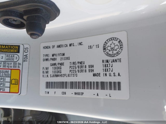 Honda Cr-v Touring 2015 5J6RM4H92FL807370 Image 9