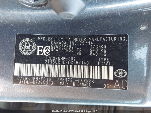 2T1BURHE7FC267443 Toyota Corolla