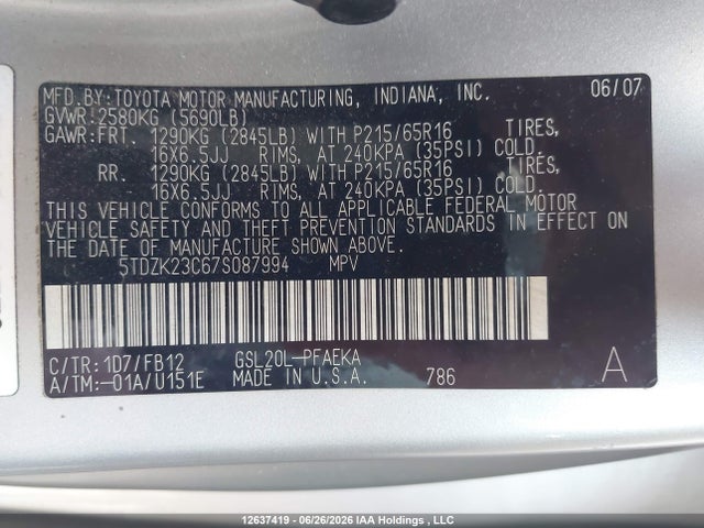 Продаж на аукціоні авто 2007 Toyota Sienna Ce/le, vin: 5TDZK23C67S087994, номер лоту: 12637419