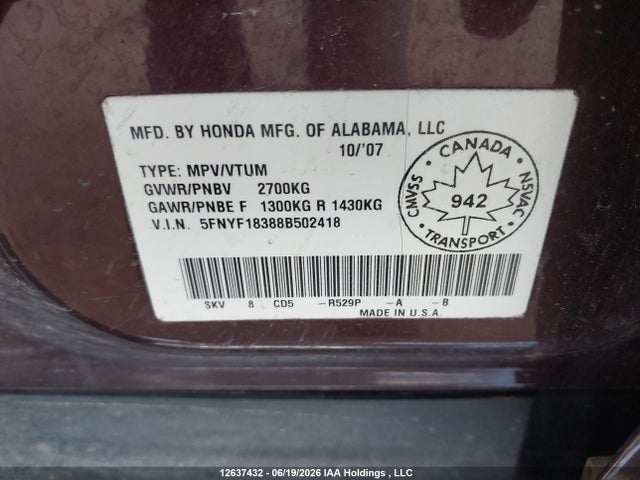 Продажа на аукционе авто 2008 Honda Pilot Se, vin: 5FNYF18388B502418, номер лота: 12637432