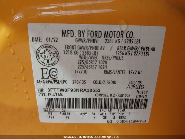 12637436 :رقم المزاد ، 3FTTW8F93NRA30553 vin ، 2022 Ford Maverick Xl/xlt/lariat مزاد بيع
