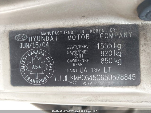 12637437 :رقم المزاد ، KMHCG45C65U578845 vin ، 2005 Hyundai Accent Gl مزاد بيع