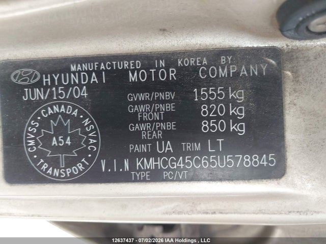 12637437 :رقم المزاد ، KMHCG45C65U578845 vin ، 2005 Hyundai Accent Gl مزاد بيع