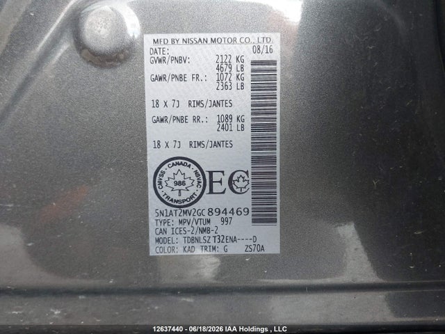 Продажа на аукционе авто 2016 Nissan Rogue S/sl/sv, vin: 5N1AT2MV2GC894469, номер лота: 12637440