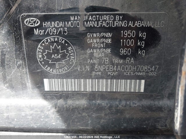 Aukcja sprzedaży 2013 Hyundai Sonata Gls, vin: 5NPEB4AC0DH708547, numer aukcji: 12637455