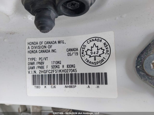 Honda Civic Lx 2019 2HGFC2F51KH027045 Image 9