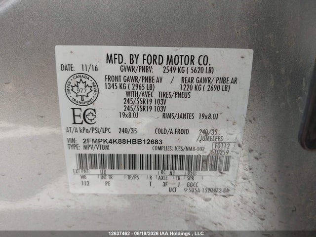12637462 :رقم المزاد ، 2FMPK4K88HBB12683 vin ، 2017 Ford Edge Titanium مزاد بيع