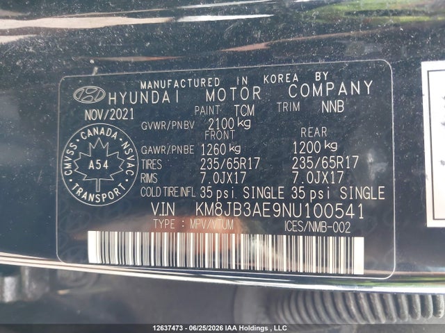 Продаж на аукціоні авто 2022 Hyundai Tucson, vin: KM8JB3AE9NU100541, номер лоту: 12637473