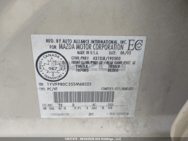 12637478 :رقم المزاد ، 1YVFP80C555M68325 vin ، 2005 Mazda Mazda6 Gs-i4/gt-i4 مزاد بيع