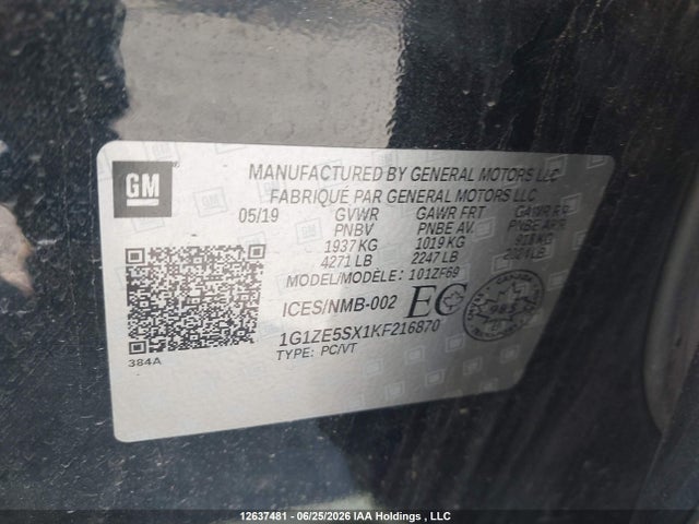 Aukcja sprzedaży 2019 Chevrolet Malibu, vin: 1G1ZE5SX1KF216870, numer aukcji: 12637481