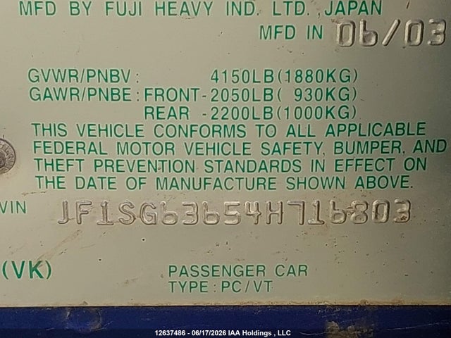 Продажа на аукционе авто 2004 Subaru Forester 2.5x, vin: JF1SG63654H716803, номер лота: 12637486