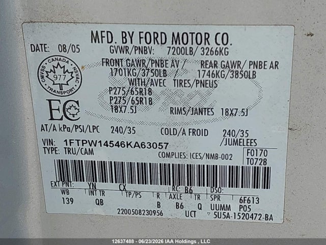 2006 Ford F150 Supercrew მანქანა იყიდება აუქციონზე, vin: 1FTPW14546KA63057, აუქციონის ნომერი: 12637488