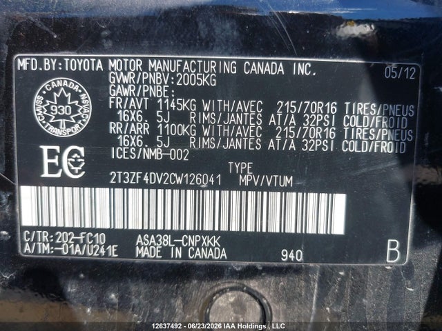 2012 Toyota Rav4 მანქანა იყიდება აუქციონზე, vin: 2T3ZF4DV2CW126041, აუქციონის ნომერი: 12637492