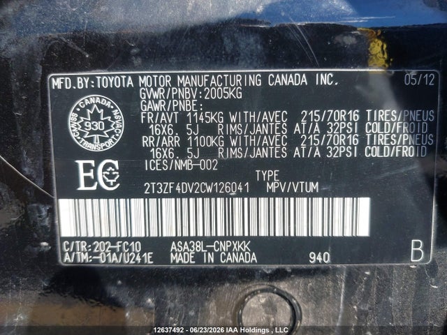 2012 Toyota Rav4 მანქანა იყიდება აუქციონზე, vin: 2T3ZF4DV2CW126041, აუქციონის ნომერი: 12637492