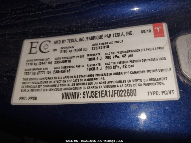 Tesla Model 3 Long Range/mid Range 2018 5YJ3E1EA1JF022680 Image 19