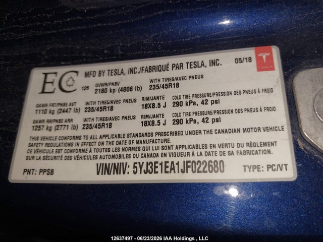 Tesla Model 3 Long Range/mid Range 2018 5YJ3E1EA1JF022680 Image 9
