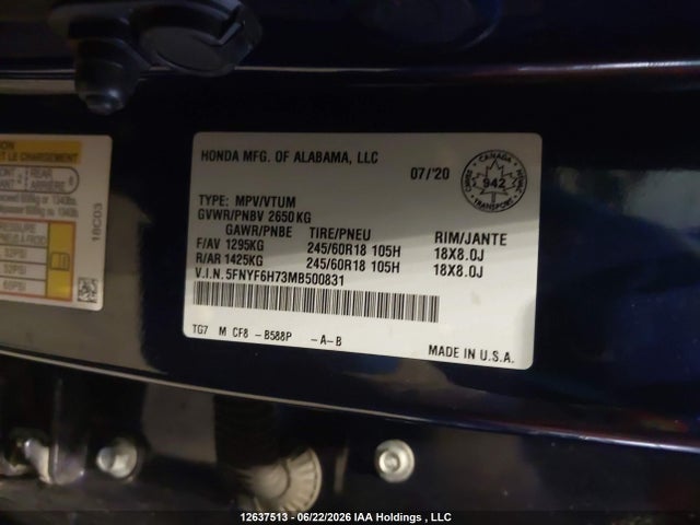 2021 Honda Pilot მანქანა იყიდება აუქციონზე, vin: 5FNYF6H73MB500831, აუქციონის ნომერი: 12637513