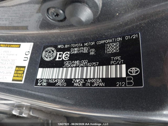 12637522 :رقم المزاد ، JTDKAMFP2M3182757 vin ، 2021 Toyota Prius مزاد بيع