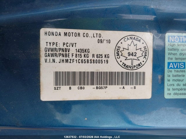 Продаж на аукціоні авто 2011 Honda Cr-z Ex, vin: JHMZF1C65BS800519, номер лоту: 12637532