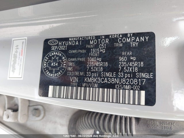 Aukcja sprzedaży 2022 Hyundai Kona N Line, vin: KM8K3CA38NU820817, numer aukcji: 12637540