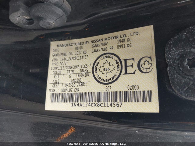Aukcja sprzedaży 2008 Nissan Altima, vin: 1N4AL24EX8C114567, numer aukcji: 12637543