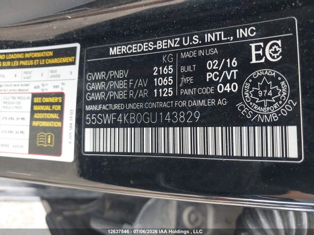 2016 Mercedes-benz C 300 4matic მანქანა იყიდება აუქციონზე, vin: 55SWF4KB0GU143829, აუქციონის ნომერი: 12637546