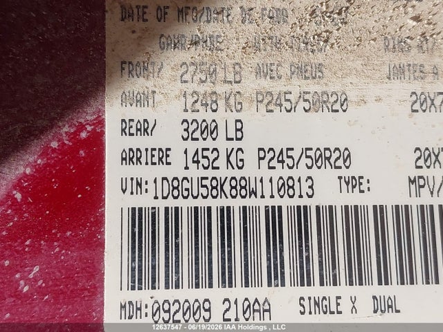 12637547 :رقم المزاد ، 1D8GU58K88W110813 vin ، 2008 Dodge Nitro Slt مزاد بيع