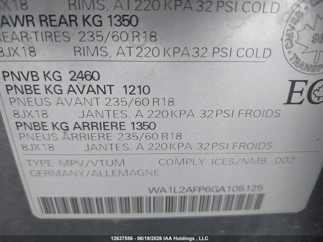 12637556 :رقم المزاد ، WA1L2AFP6GA105125 vin ، 2016 Audi Q5 Premium Plus مزاد بيع