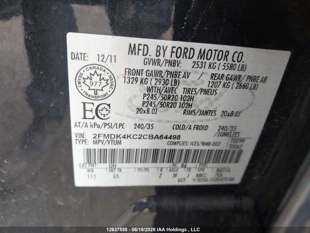 Продажа на аукционе авто 2012 Ford Edge Limited, vin: 2FMDK4KC2CBA64498, номер лота: 12637558