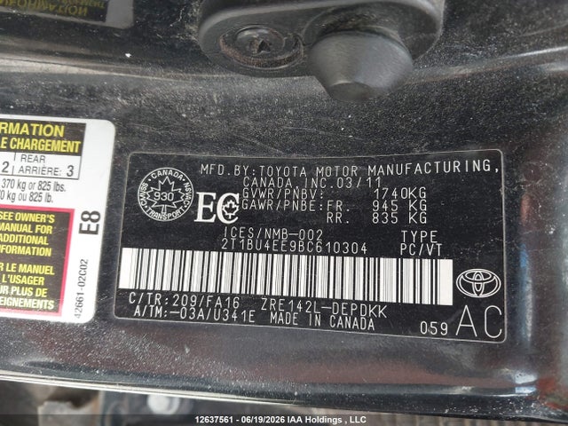 12637561 :رقم المزاد ، 2T1BU4EE9BC610304 vin ، 2011 Toyota Corolla S/le مزاد بيع