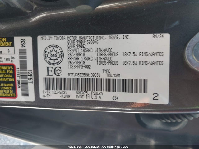 2024 Toyota Tundra Limited 4x4 მანქანა იყიდება აუქციონზე, vin: 5TFJA5DB5RX190831, აუქციონის ნომერი: 12637565