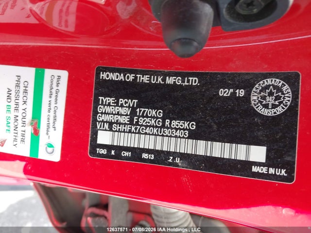 2019 Honda Civic Sport მანქანა იყიდება აუქციონზე, vin: SHHFK7G40KU303403, აუქციონის ნომერი: 12637571