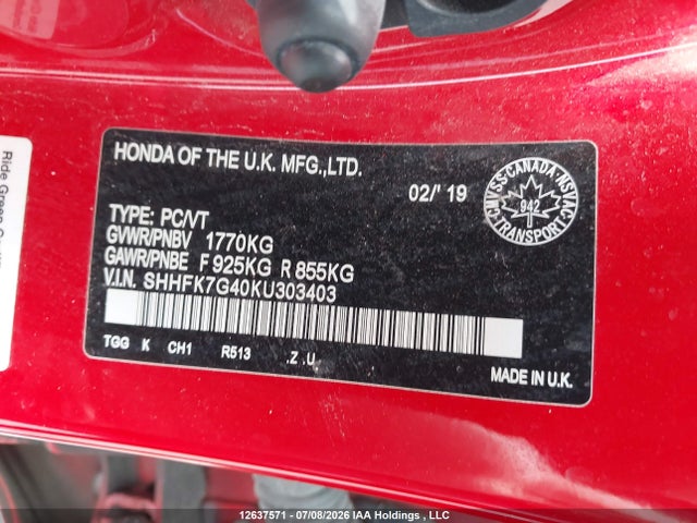 2019 Honda Civic Sport მანქანა იყიდება აუქციონზე, vin: SHHFK7G40KU303403, აუქციონის ნომერი: 12637571