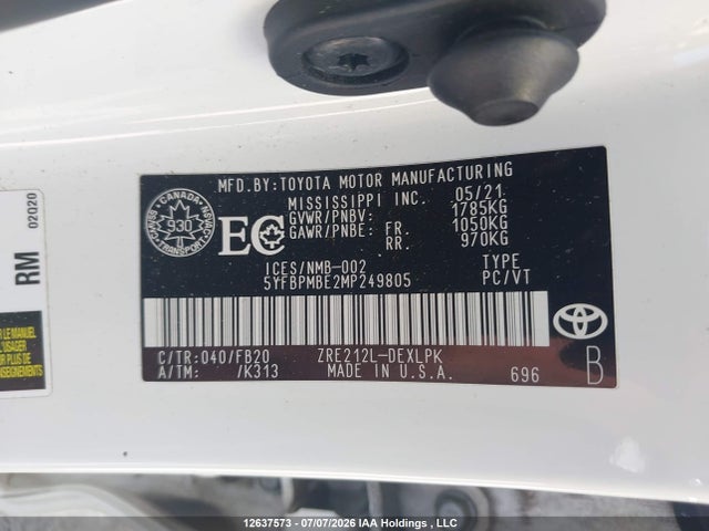2021 Toyota Corolla Le მანქანა იყიდება აუქციონზე, vin: 5YFBPMBE2MP249805, აუქციონის ნომერი: 12637573