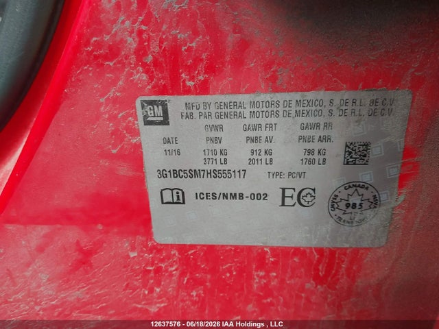 2017 Chevrolet Cruze Ls Auto მანქანა იყიდება აუქციონზე, vin: 3G1BC5SM7HS555117, აუქციონის ნომერი: 12637576
