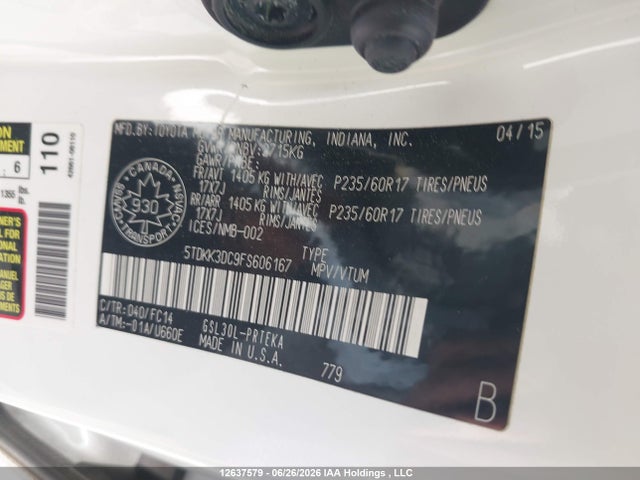 Toyota SIENNA LE 2015 5TDKK3DC9FS606167 Image 9