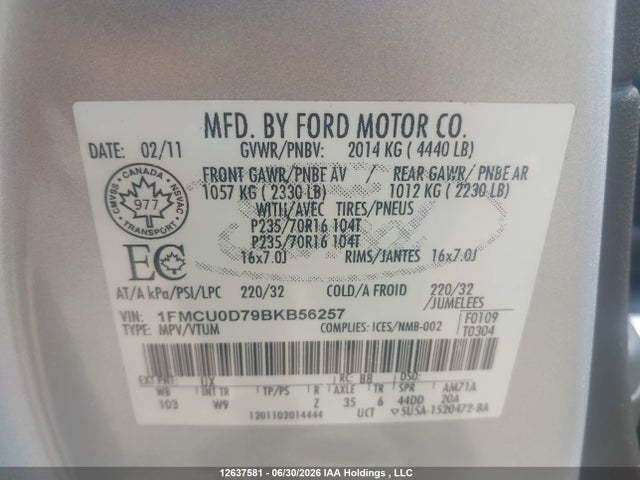 2011 Ford Escape Xlt მანქანა იყიდება აუქციონზე, vin: 1FMCU0D79BKB56257, აუქციონის ნომერი: 12637581