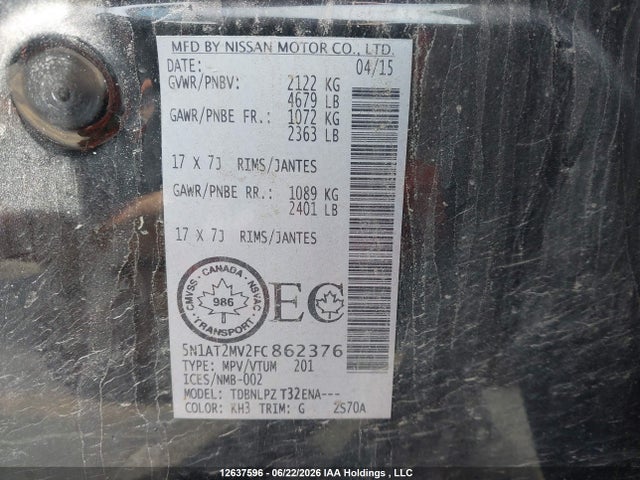 2015 Nissan Rogue S/sl/sv მანქანა იყიდება აუქციონზე, vin: 5N1AT2MV2FC862376, აუქციონის ნომერი: 12637596