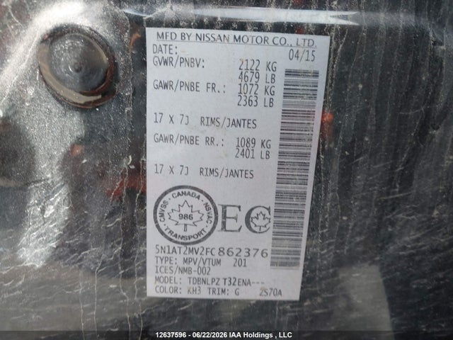 2015 Nissan Rogue S/sl/sv მანქანა იყიდება აუქციონზე, vin: 5N1AT2MV2FC862376, აუქციონის ნომერი: 12637596
