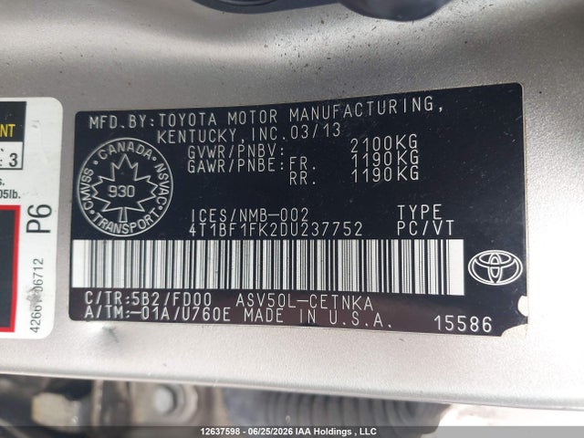 12637598 :رقم المزاد ، 4T1BF1FK2DU237752 vin ، 2013 Toyota Camry Le مزاد بيع