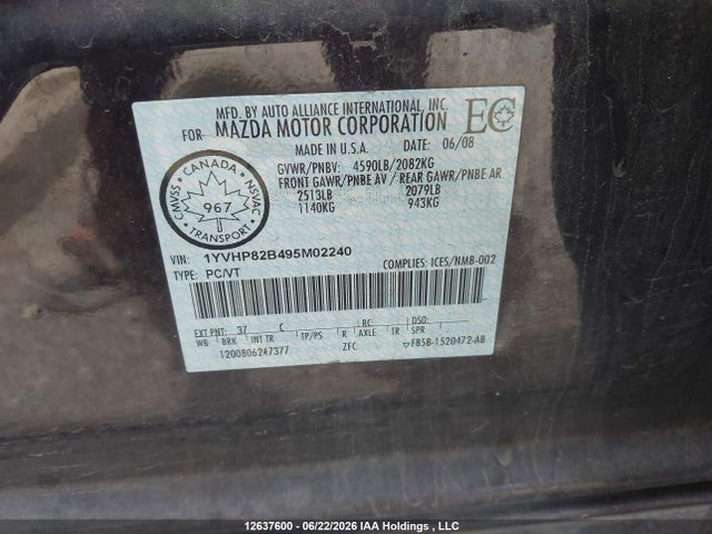 12637600 :رقم المزاد ، 1YVHP82B495M02240 vin ، 2009 Mazda 6 S مزاد بيع