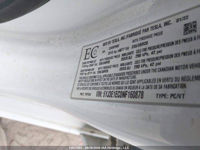 Продажа на аукционе авто 2022 Tesla Model 3 Performance, vin: 5YJ3E1EC0NF160878, номер лота: 12637603