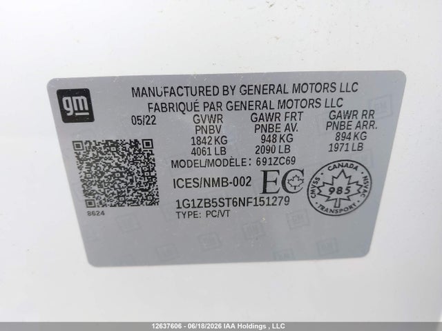 2022 Chevrolet Malibu Ls მანქანა იყიდება აუქციონზე, vin: 1G1ZB5ST6NF151279, აუქციონის ნომერი: 12637606
