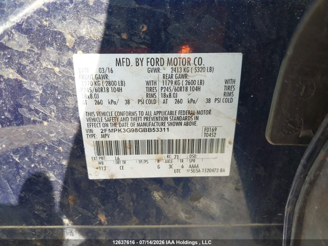 12637616 :رقم المزاد ، 2FMPK3G98GBB53311 vin ، 2016 Ford Edge Se مزاد بيع