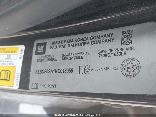 Продажа на аукционе авто 2022 Chevrolet Spark 2lt Cvt, vin: KL8CF6SA1NC013956, номер лота: 12637617